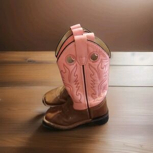 Old West Children Square Toe Pink Upper Brown Lower Leather Cowboy Boots 10.5